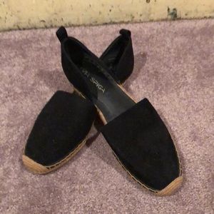 Via Spiga black suede flats w rope toe.
